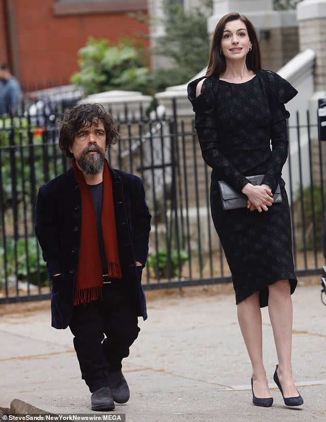 Anne Hathaway and Peter Dinklage film a scene for the movie She Came To