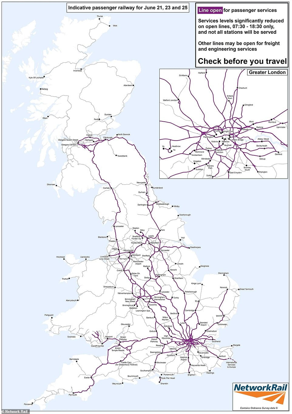 Network Rail reveals map showing rail strike chaos on June 21, 23 and ...