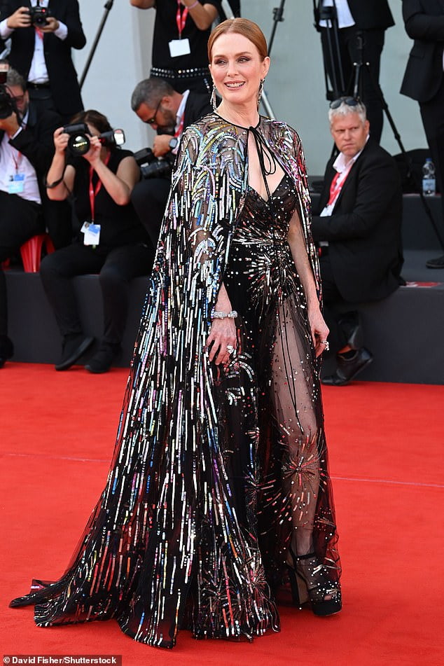 Julianne Moore dons sheer black dress and cape at the White Noise