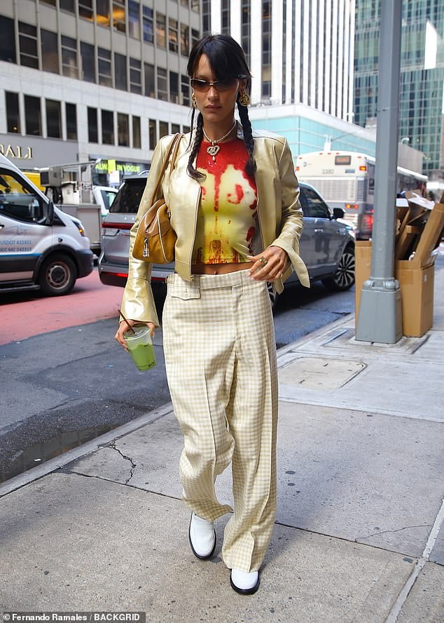 Bella Hadid Rocks A Red And Yellow Tie Dye Shirt After Gracing The 0674
