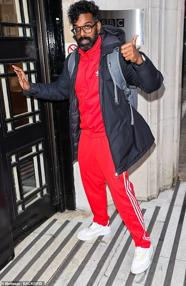 Romesh Ranganathan gives a thumbs up as he catches the eye in a bright