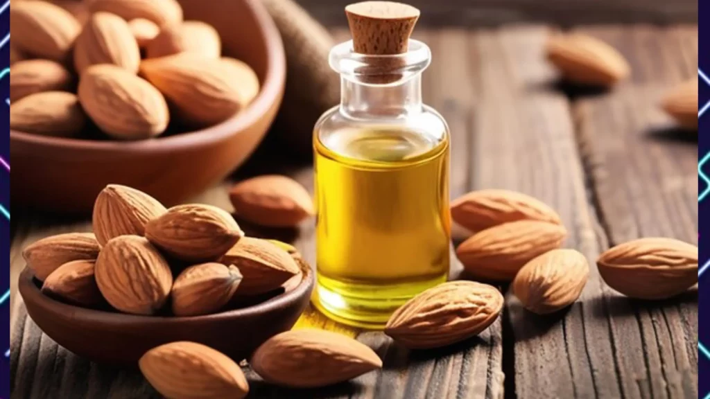 A bottle of almond oil next to two bowls of almonds on a wooden background