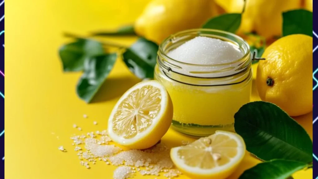 A jar of lemon sugar surrounded by lemons with a yellow background