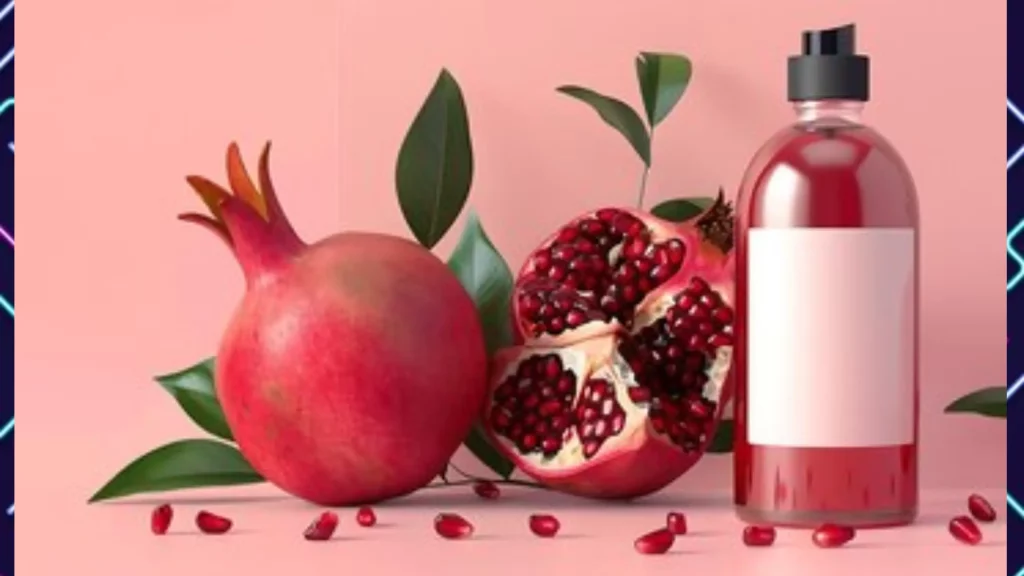One bottle of pomegranate next to a pomegranate fruit with a peach background