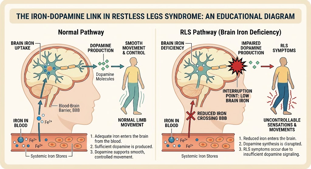 Diagram showing how brain iron deficiency affects dopamine in restless legs syndrome